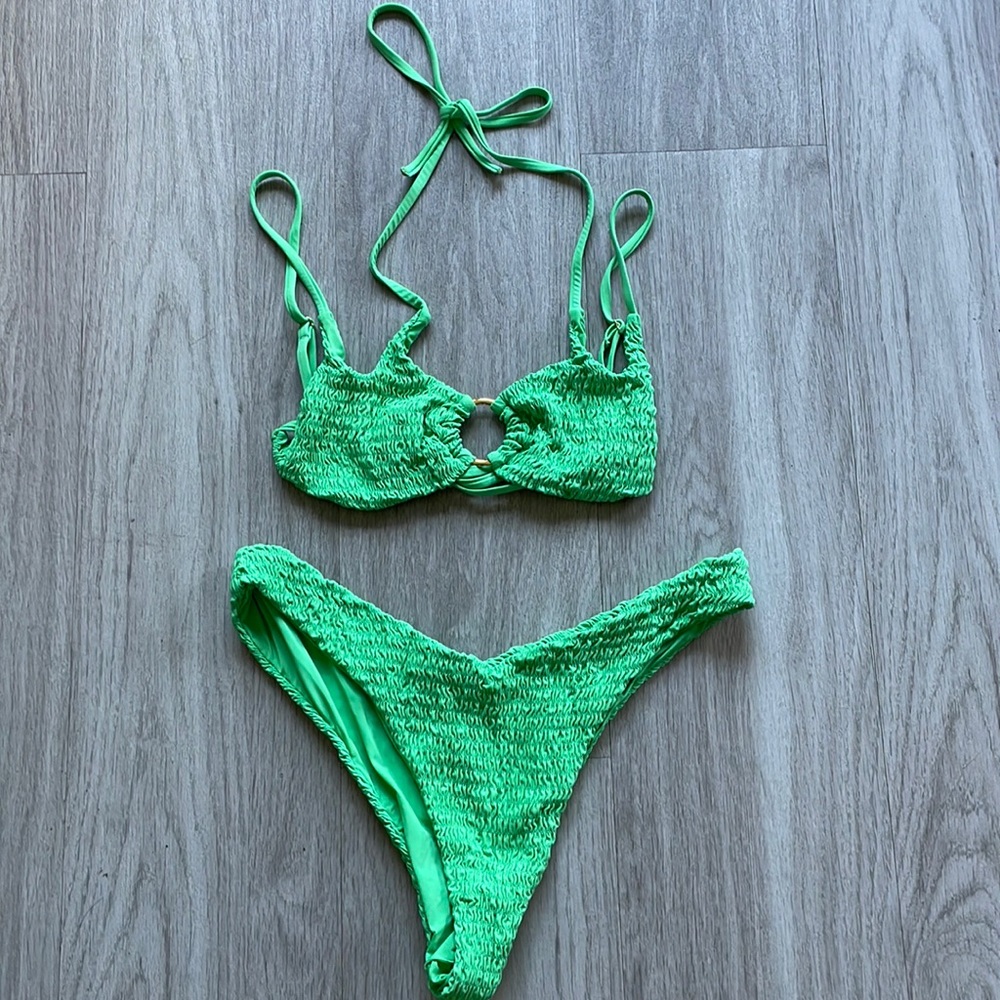 WeWoreWhat Bright Neon Green Smocked Two-Piece Bikini